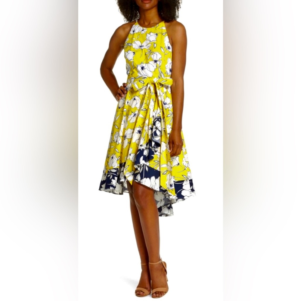 Eliza J Here Comes the Sun-Dress Floral Halter Ruffle High Low  Midi Dress